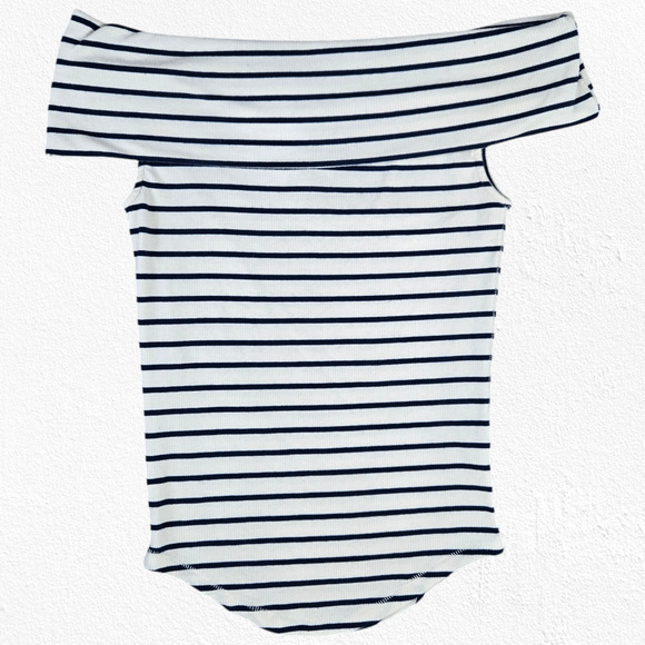 We the Free White Blue Off the Shoulder Striped Melbourne Preppy Top Size Medium - Picture 1 of 9